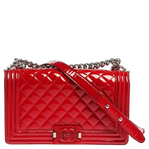 Chanel Red Quilted Patent Leather Medium Boy Bag